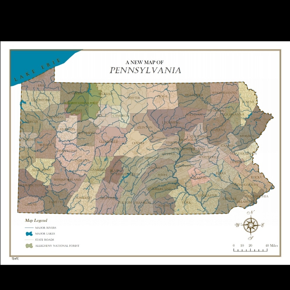 18"x 24" Vintage Style Map of Pennsylvania